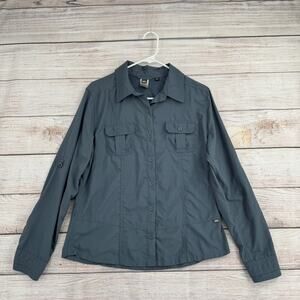 REI UPF 30+ Roll Tab Sleeve Hiking Shirt Womens Large Slate Blue Button Down